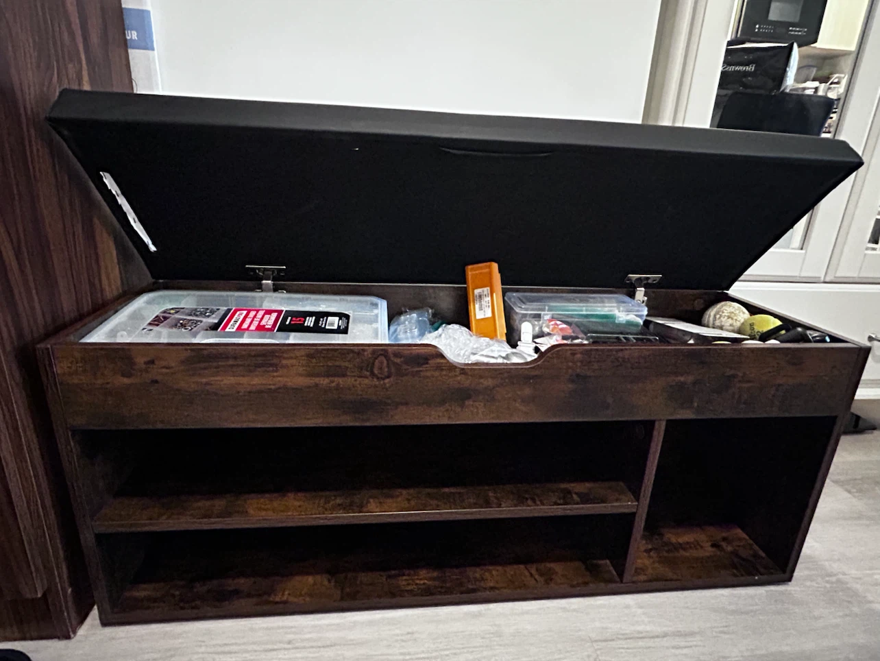 Rustic Wood Storage Bench with Black Padded Seat - photo 2