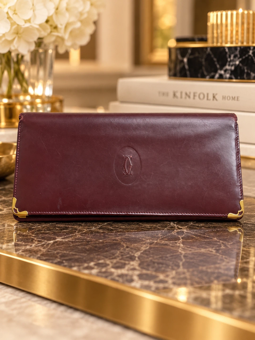 CARTIER Leather Bi-Fold Vintage Long Wallet Bordeaux Burgundy
