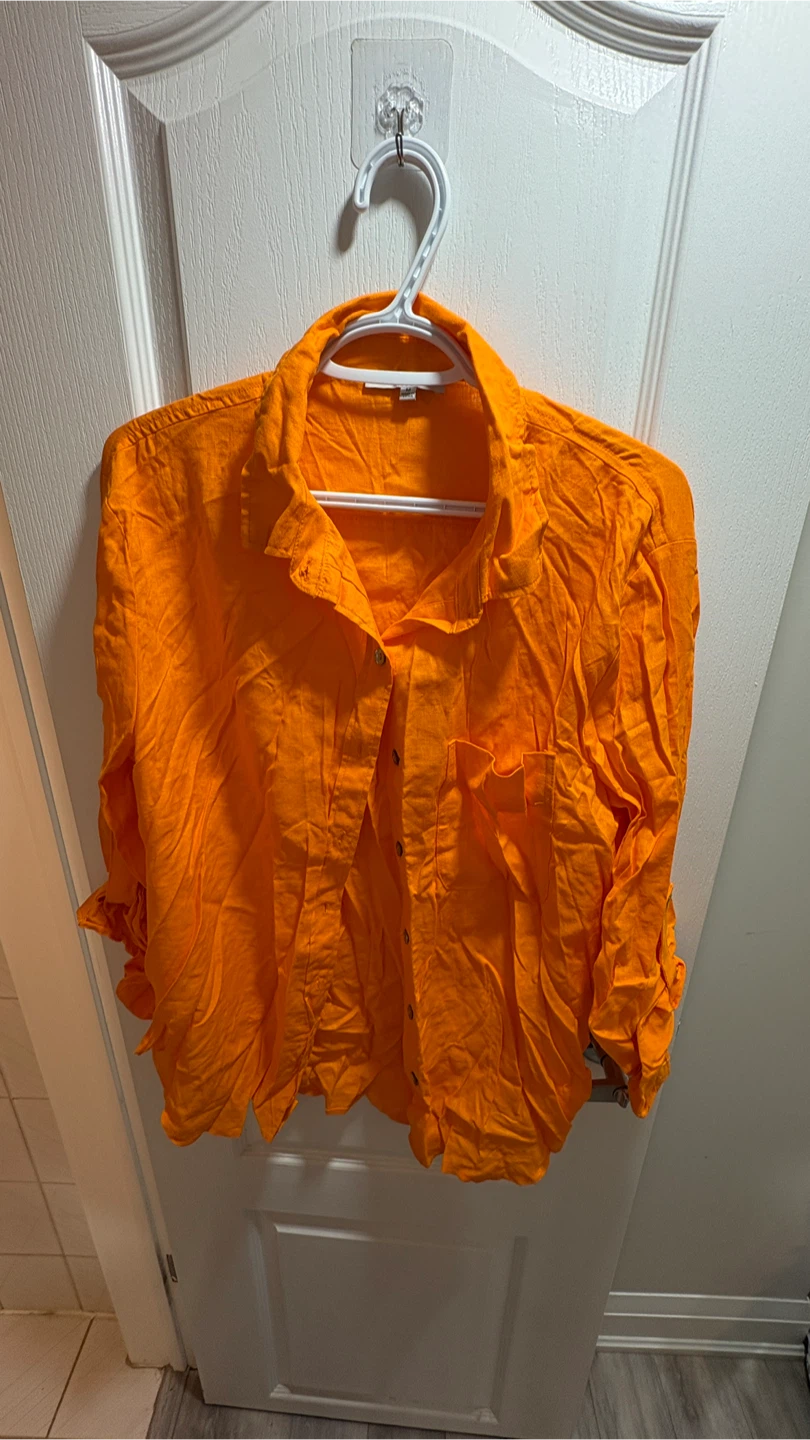 Bright Orange Linen-Blend Button-Down Shirt