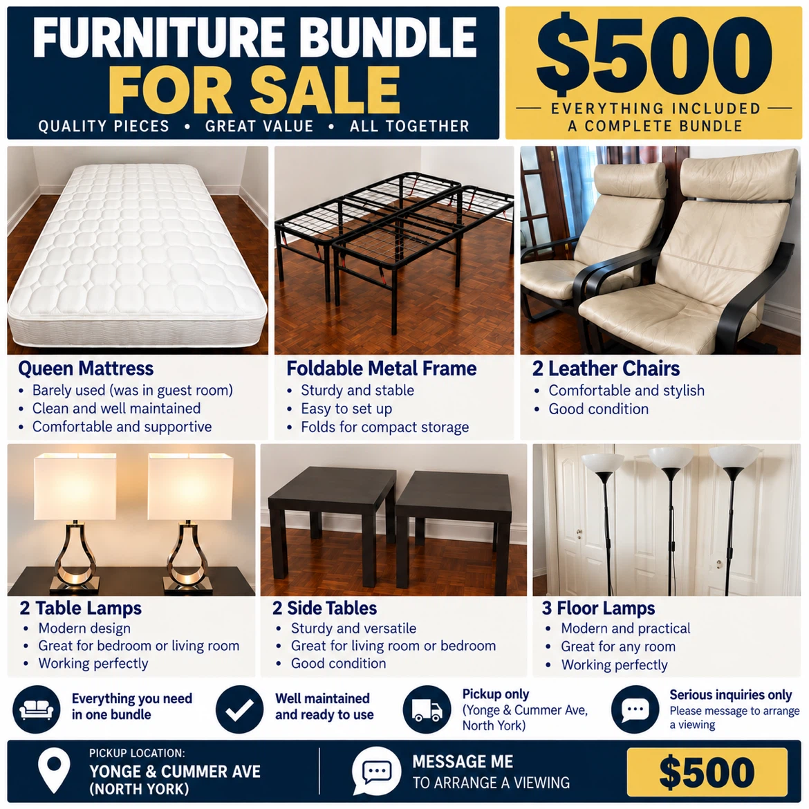 Furniture Bundle: Mattress, Frame, Chairs, Tables, Lamps