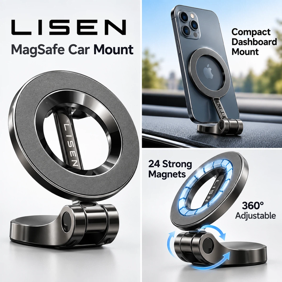 LISEN MagSafe Car Mount – 24 Strong Magnets, 360°