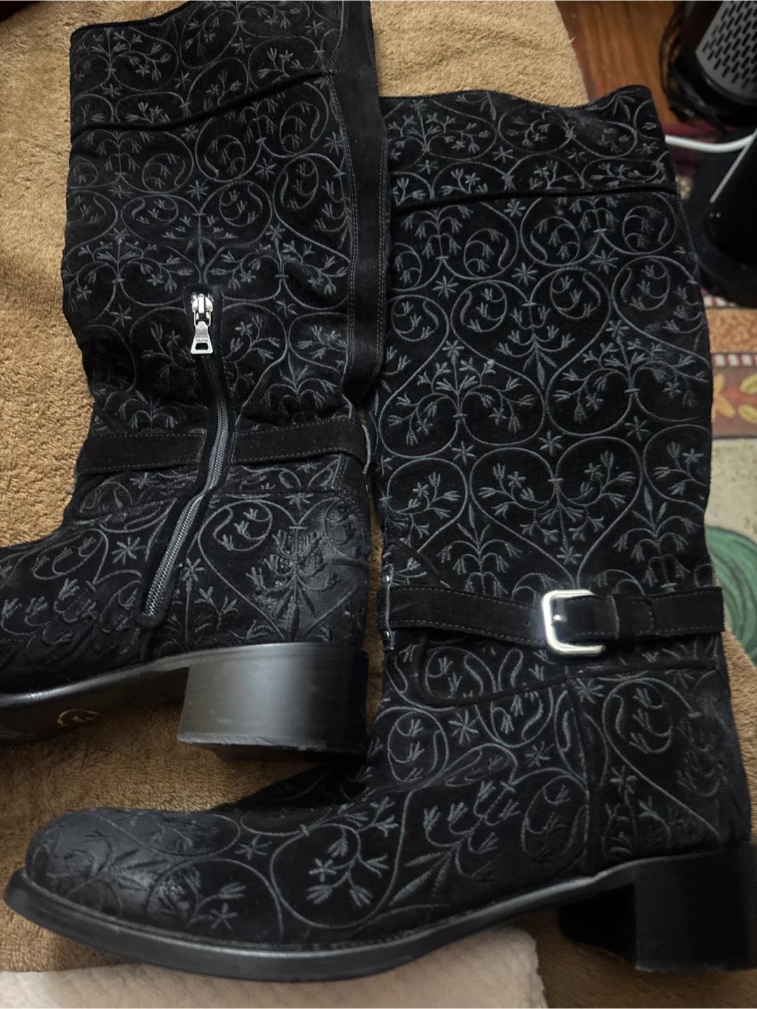 Prada Black Embroidered Suede Boots