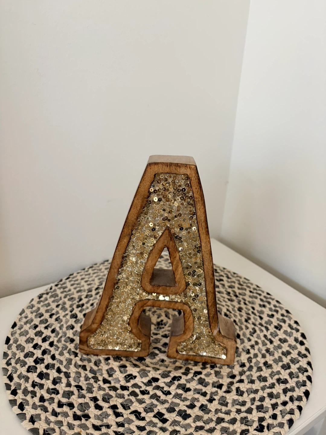 Wooden Decorative Letter A with Gold Sequins