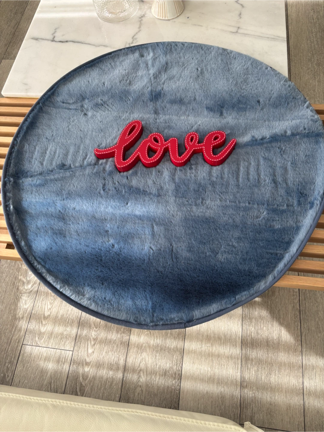 Blue faux fur circular decor mat