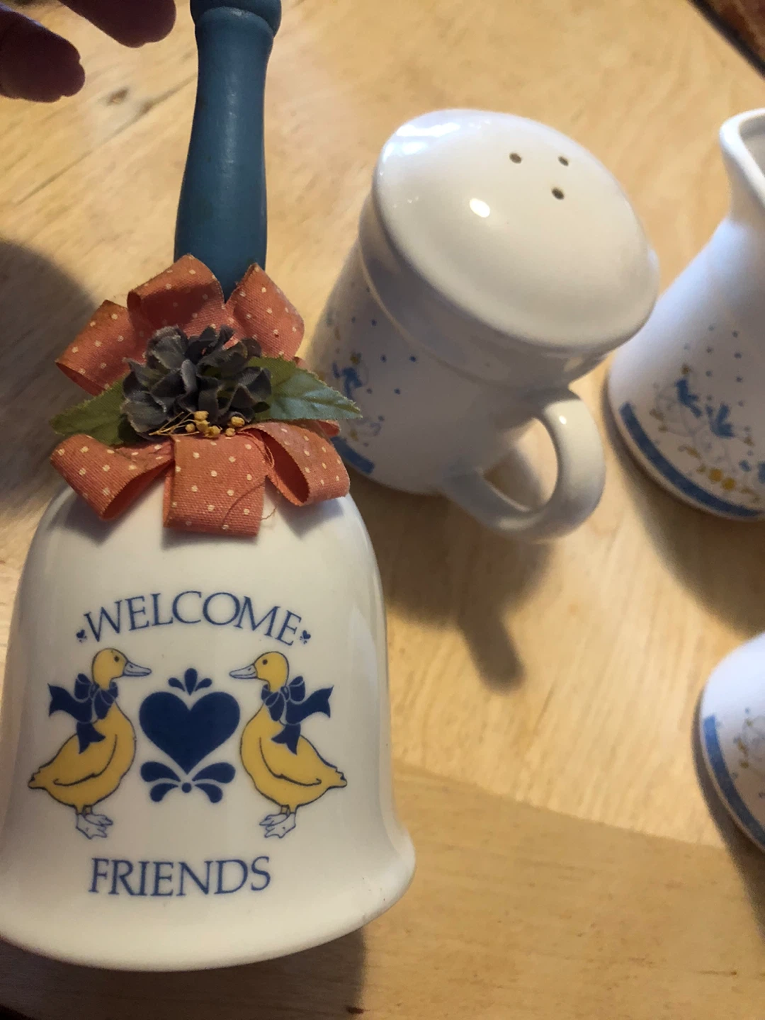 Vintage 80s Country Blue Ribbon Geese Ceramic Duck Kitchen Set!! - photo 4
