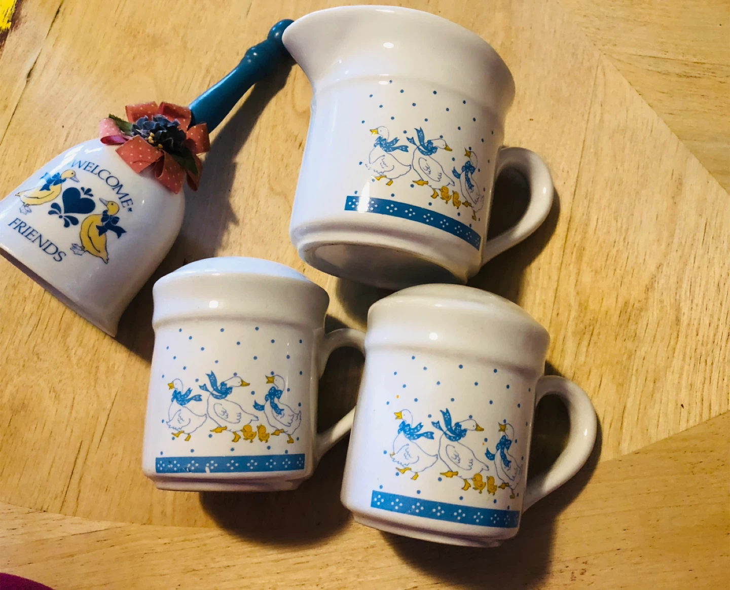 Vintage 80s Country Blue Ribbon Geese Ceramic Duck Kitchen Set!!