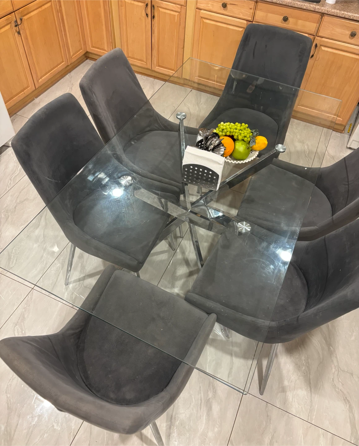 Glass Top Dining Table with 6 Velvet Chairs