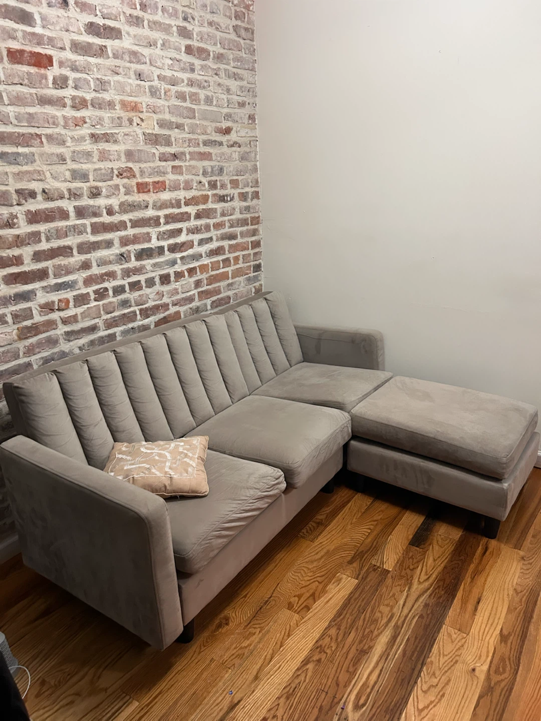 Gray Velvet Sectional Sofa with Ottoman
