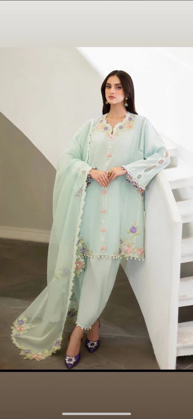 Pastel Blue Embroidered Kurta Set by sana safinaz brand