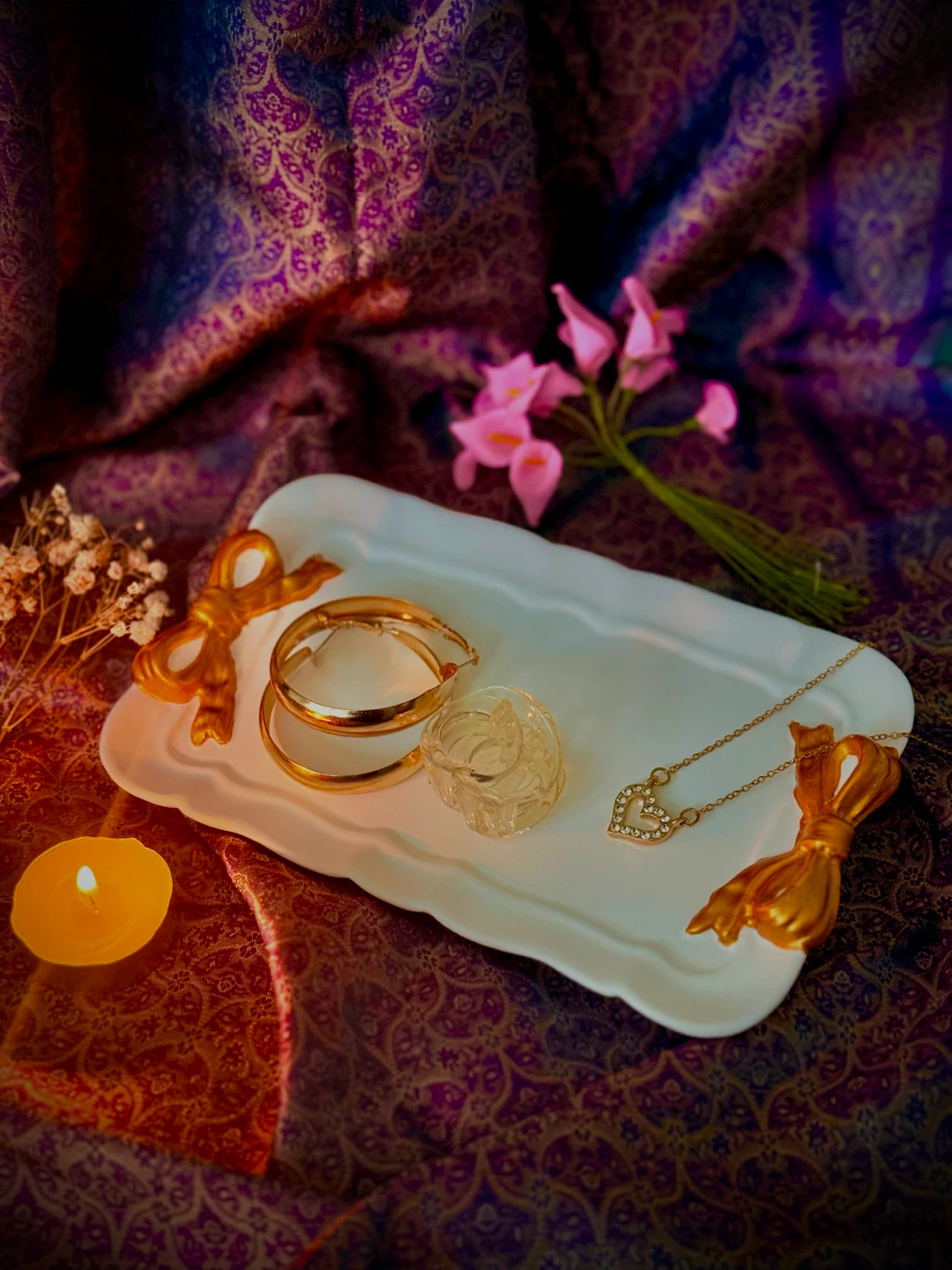White Decorative Jewellery Tray with Bow Accents