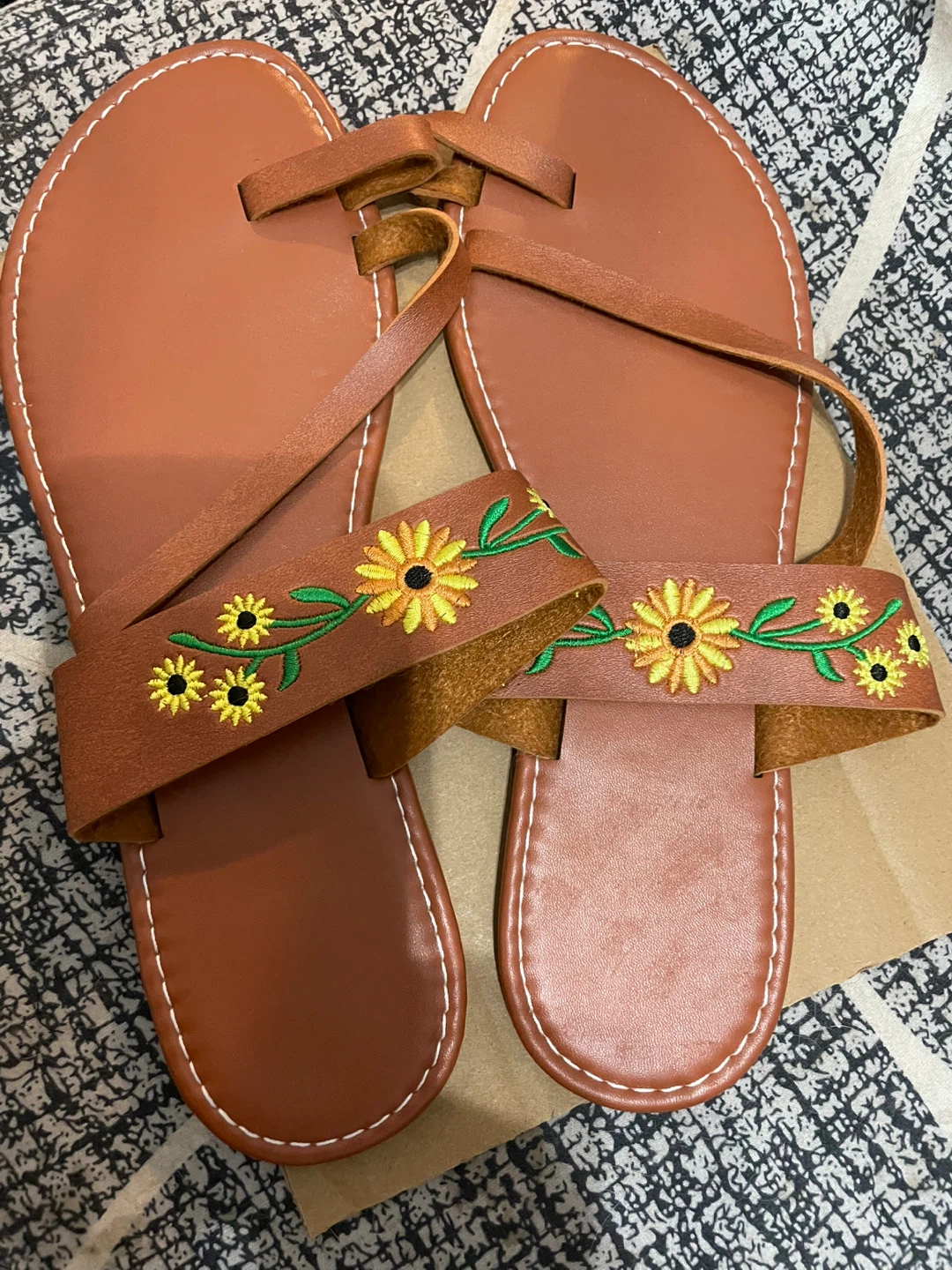 Sunflower Embroidered Brown Sandals