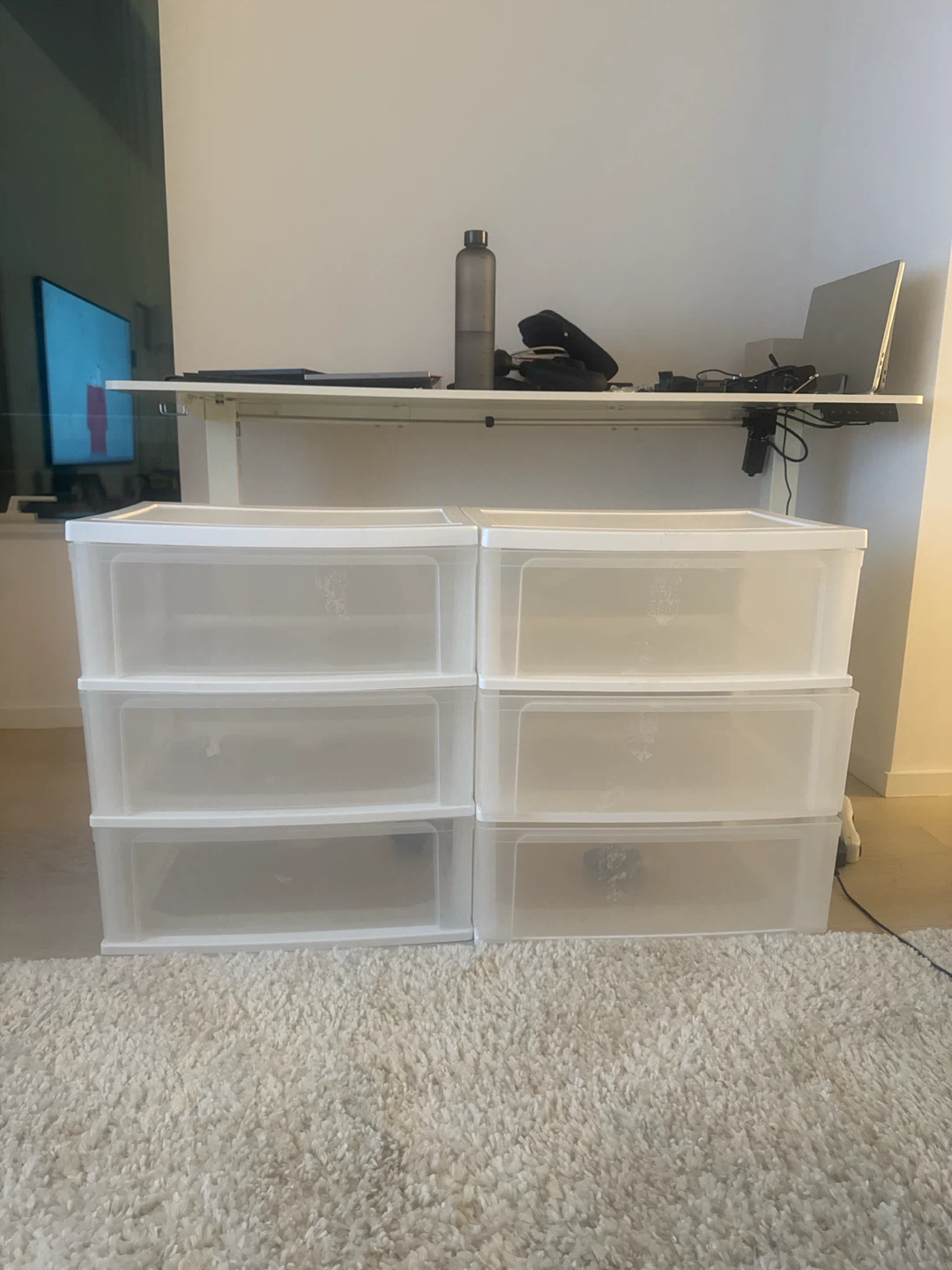 Two 3-Drawer White Plastic Storage Units