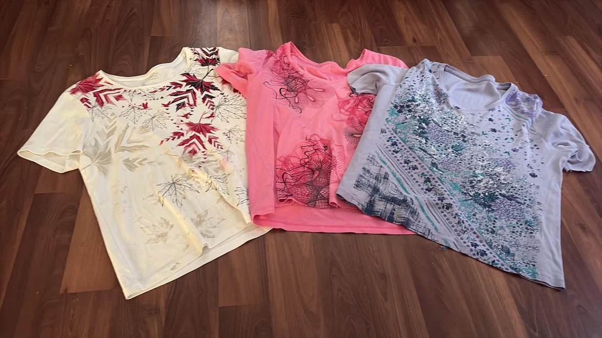 Three assorted women's patterned t-shirts