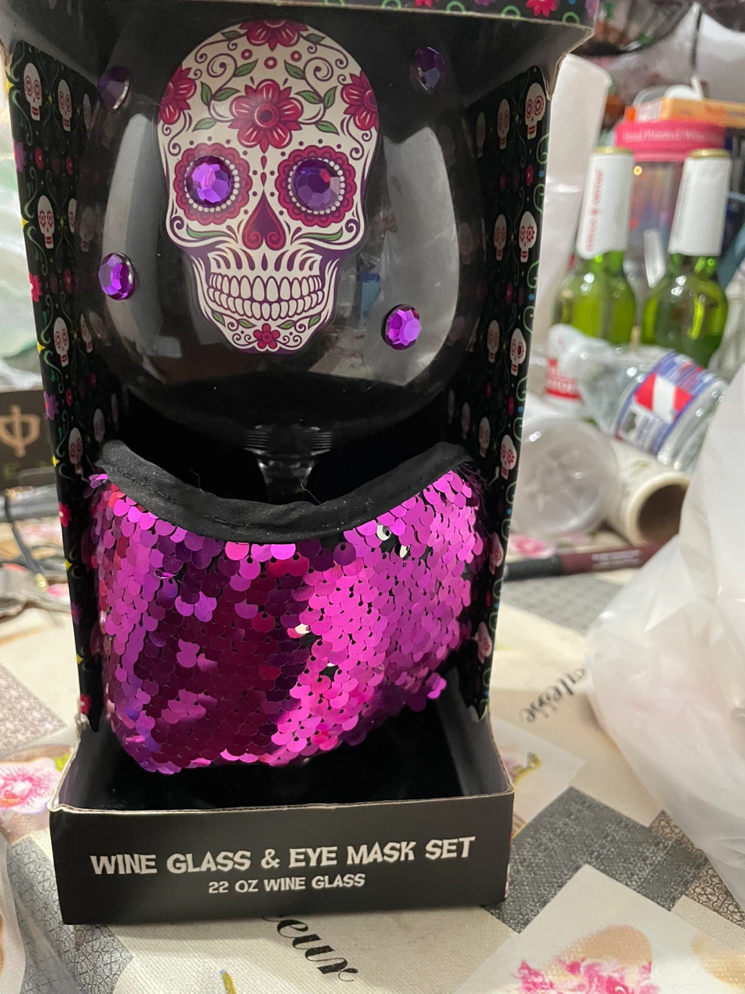 Sugar Skull Wine Glass & Sequin Eye Mask Set