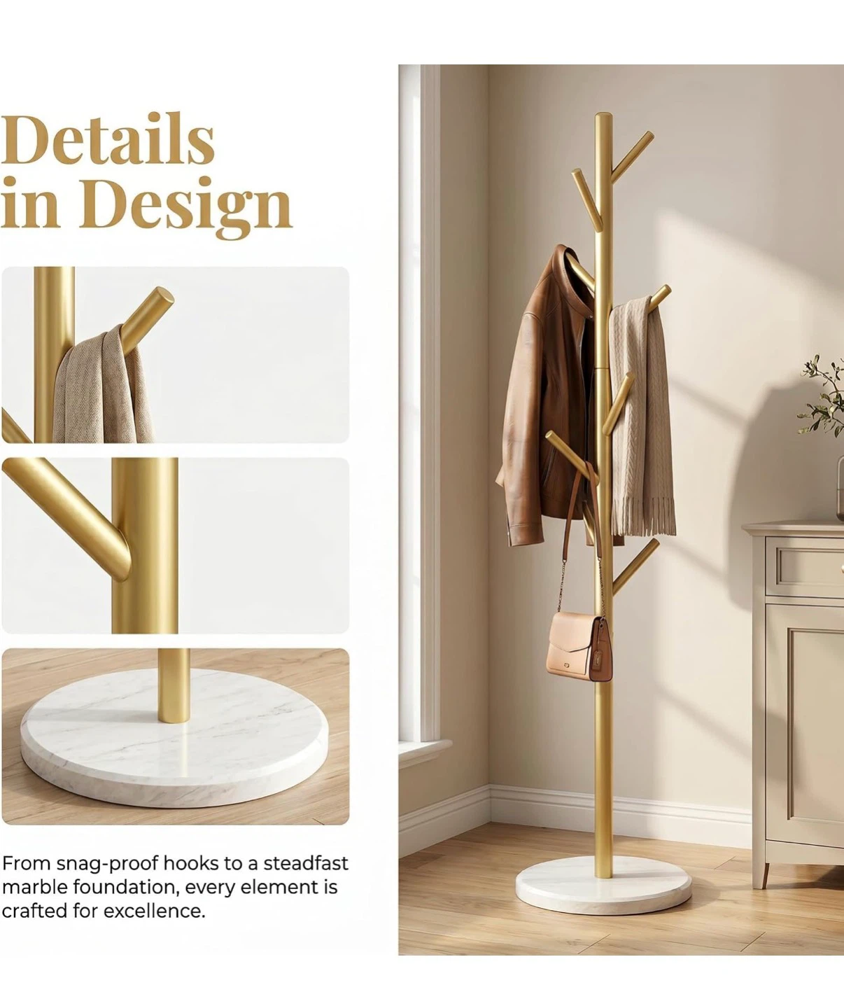 New Brass Finish Coat Rack with Marble Base