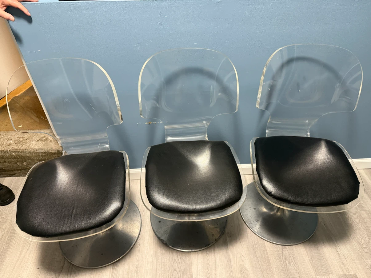 Set of 3 Acrylic and Black Swivel Chairs