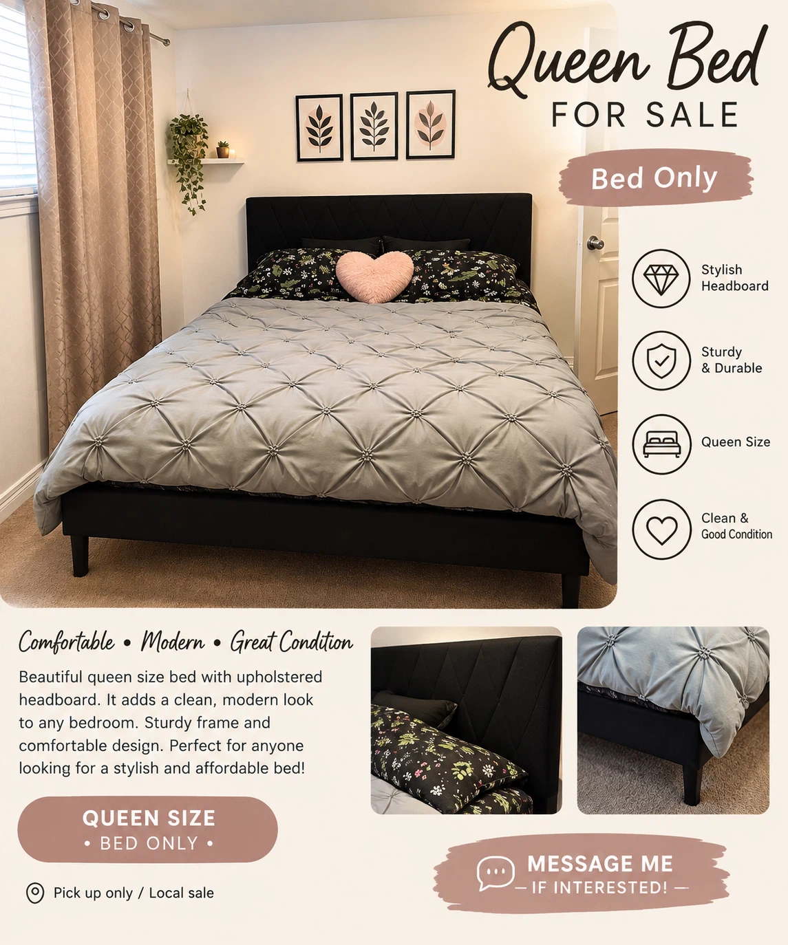 Queen size upholstered bed frame
