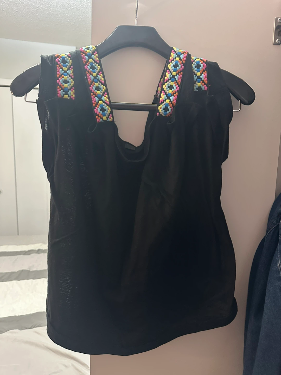 Shein Black Top with Multicolour Beaded Straps
