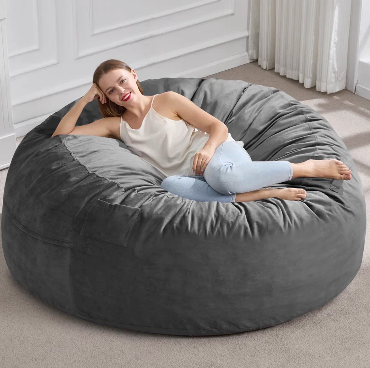LARGE Grey Velvet Bean Bag Chair