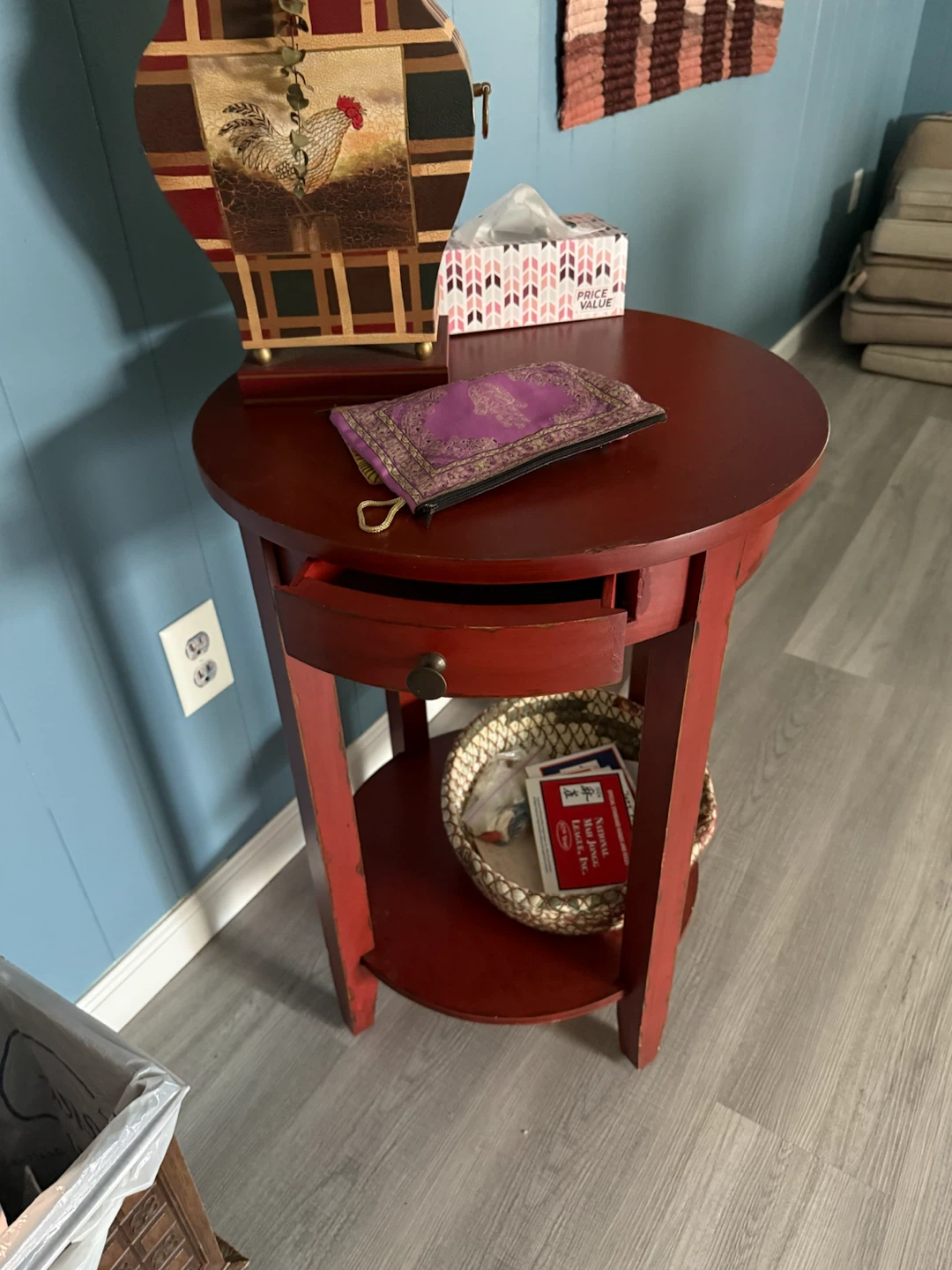 Red Round Side Table with Drawer