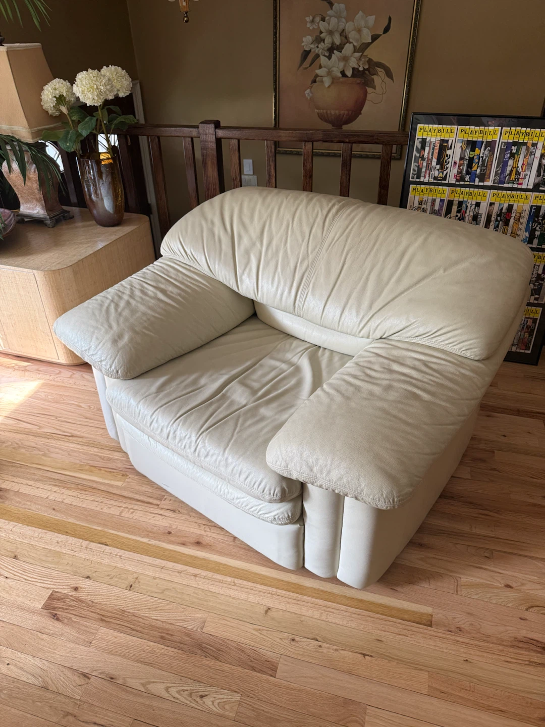 Cream Leather Sectional Sofa with Two Ottomans and Armchair - photo 2