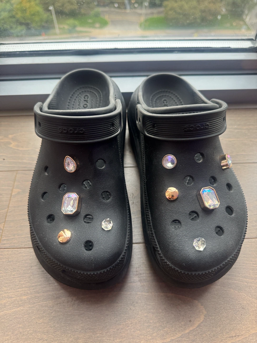 Black Crocs Platform Clogs with Charms