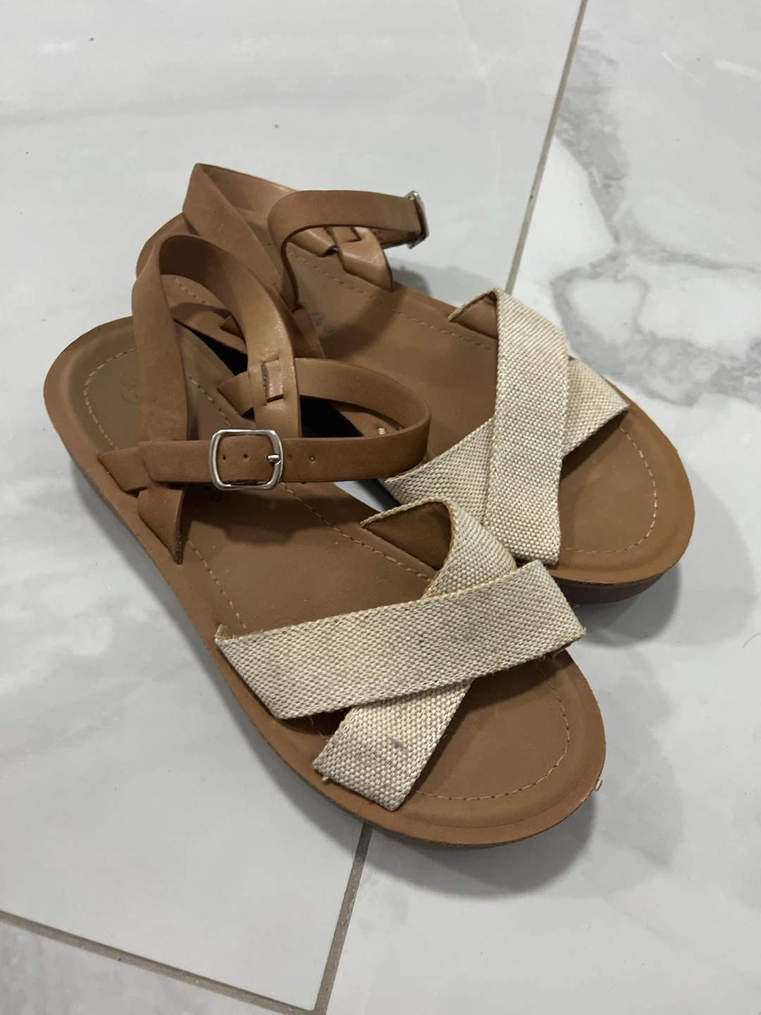 Tan and Cream Crisscross Sandals