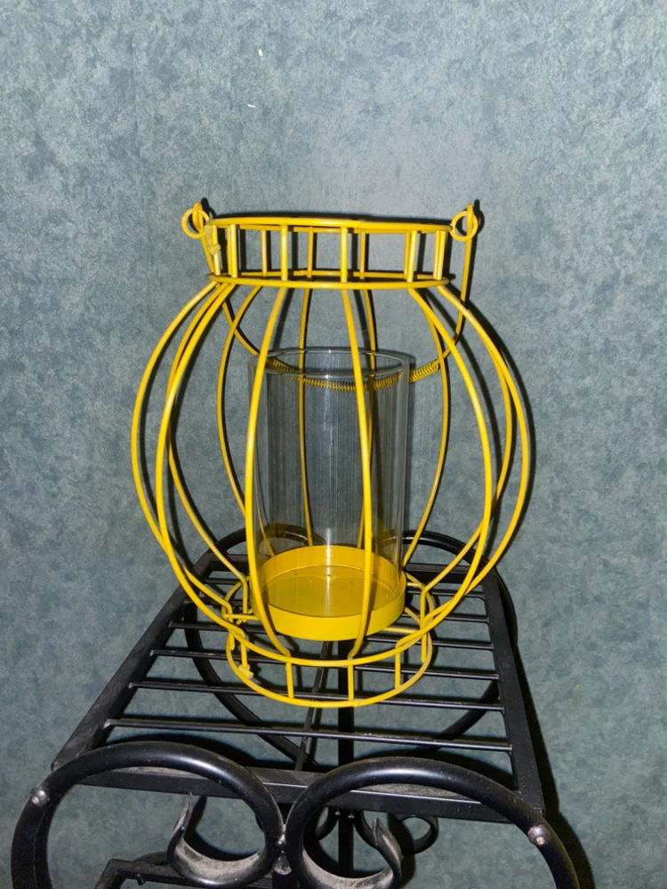 Yellow Metal Hanging Candle Lantern with Glass Insert