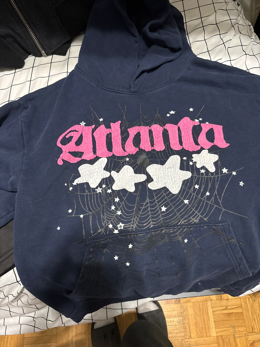 Damaged by heat washing Atlanta Navy Blue sp5der  Hoodie