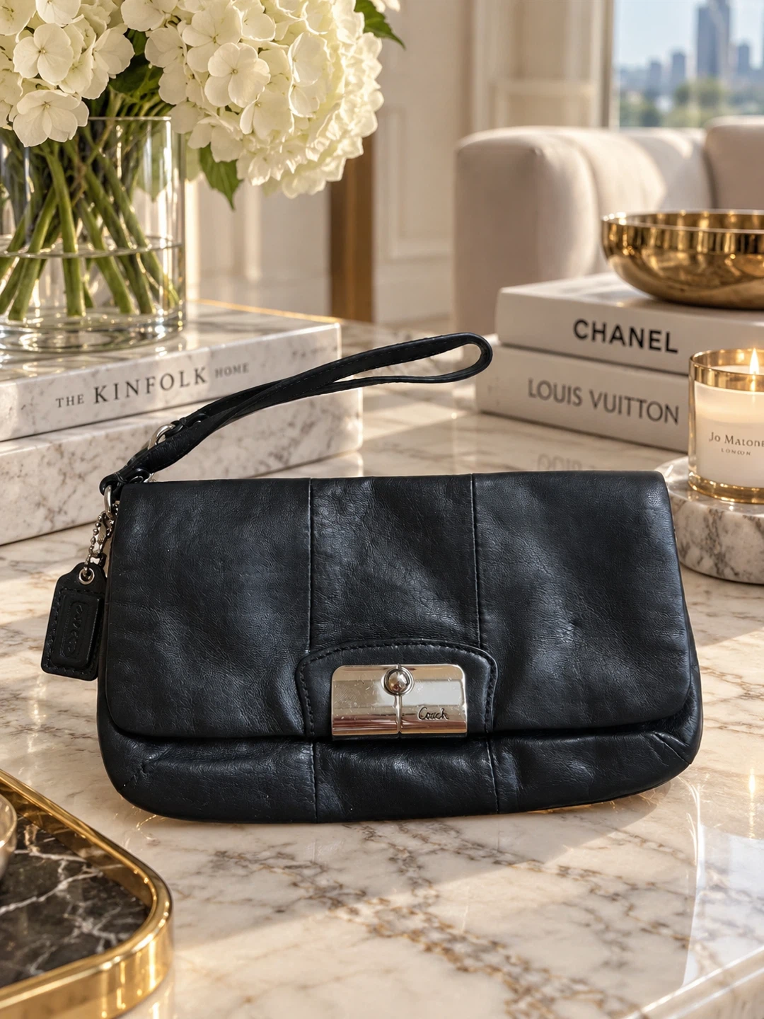 Coach Kristin 43645 Black Leather Large Wristlet Clutch
