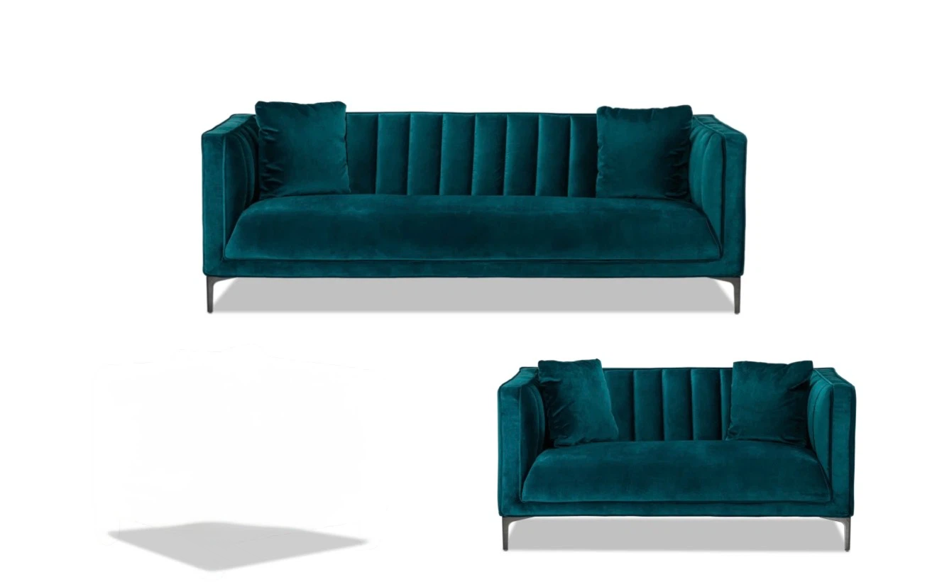 Teal Velvet Channel Tufted 2 Sofas