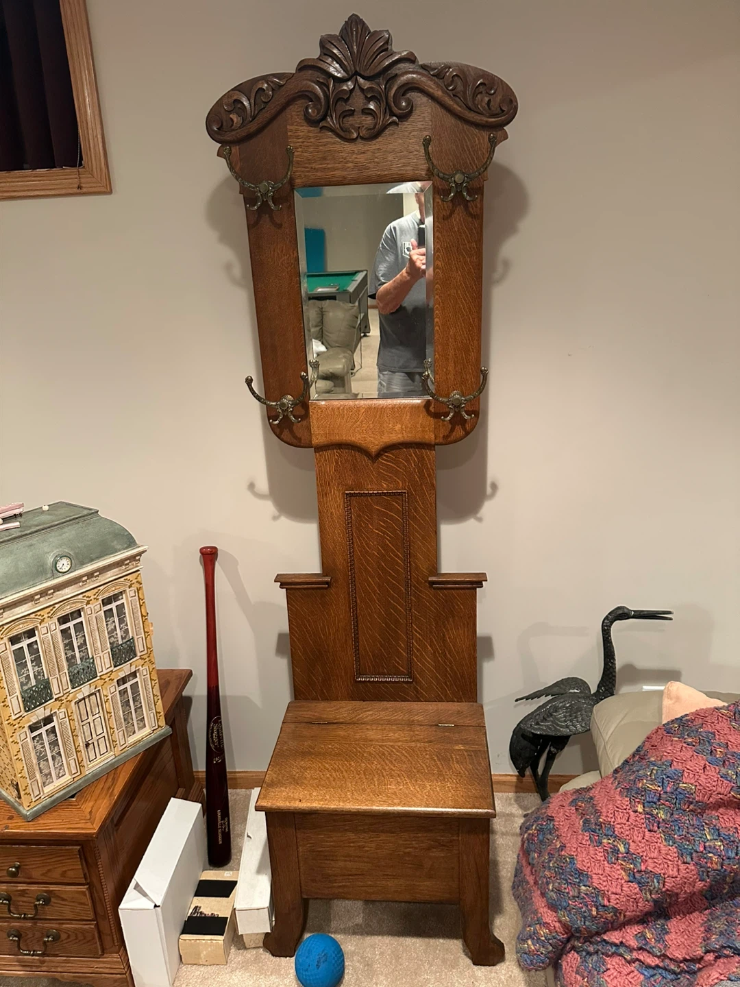 Antique Oak Hall Tree with Mirror