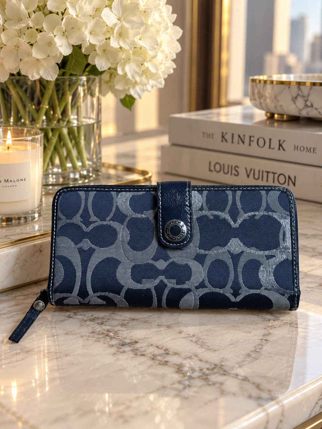 Coach Signature C Jacquard Navy Accordion Zip Around Long Wallet