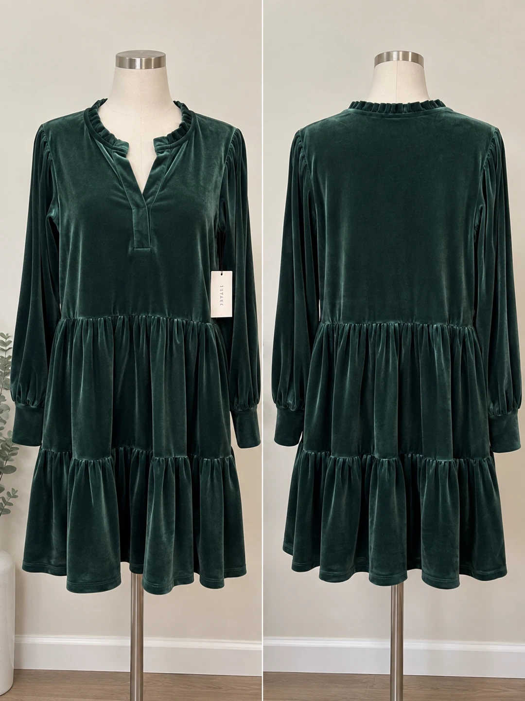 1.STATE Emerald Green Velvet Tiered Holiday Dress – Size M – NWT