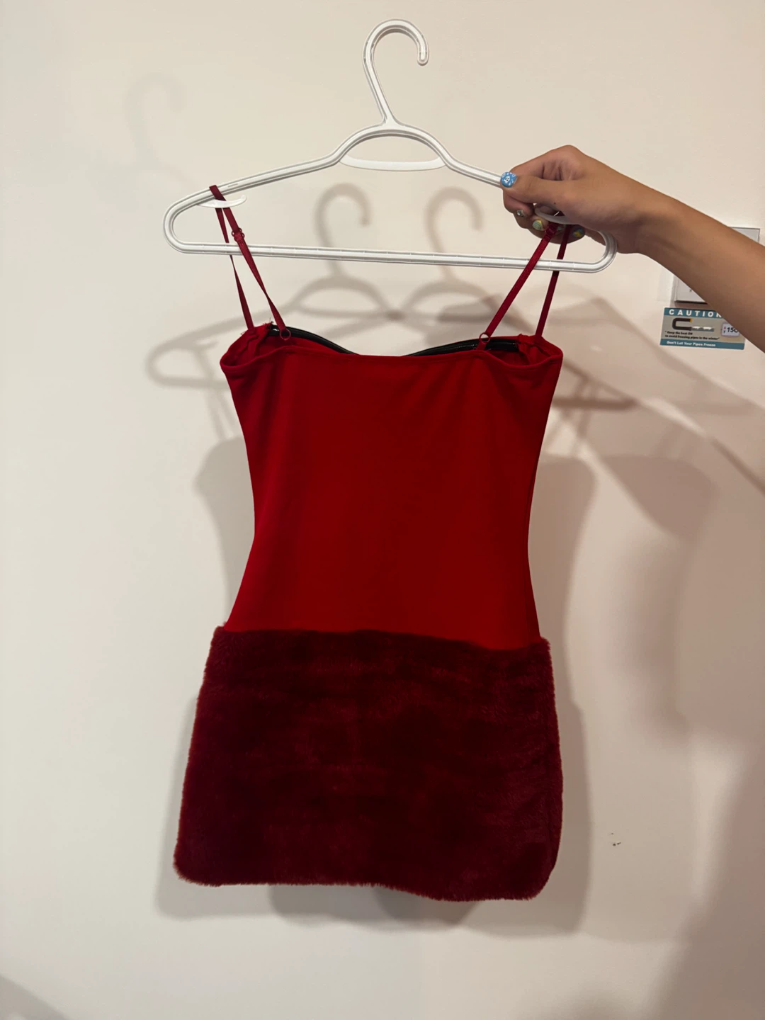 Red mini dress with faux fur trim - photo 2