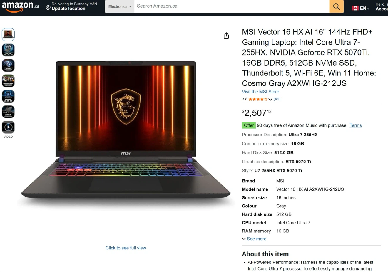 MSI Vector 16 HX AI – RTX 5070 Ti | Ultra 7-255HX Gaming laptop