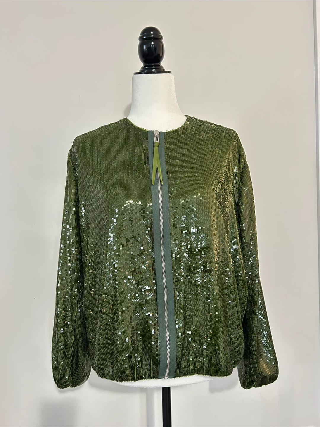 Size L - ZARA Olive Green Sequin Bomber Jacket