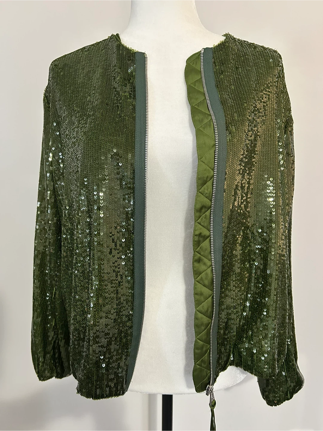 Size L - ZARA Olive Green Sequin Bomber Jacket - photo 5