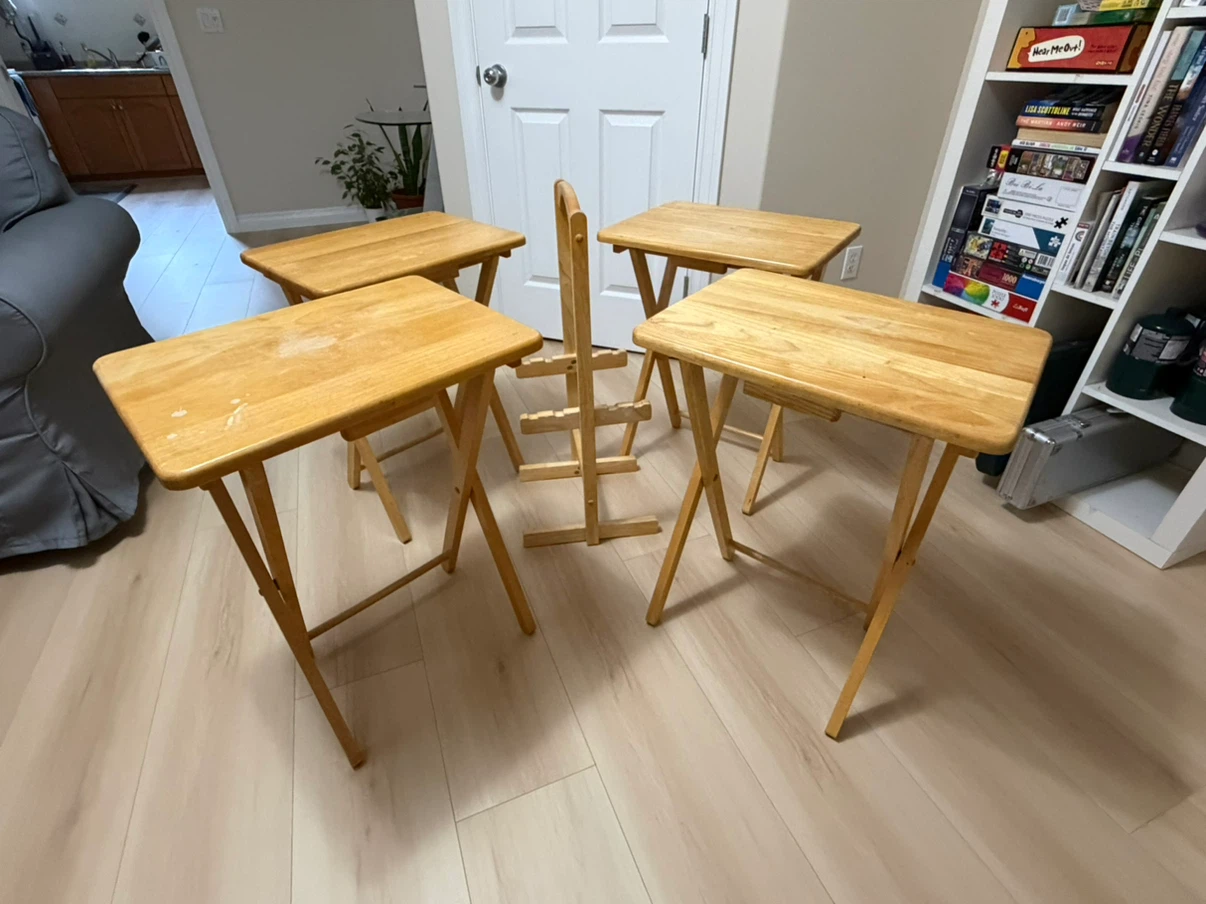 Set of 4 Wooden Folding TV Trays with Stand