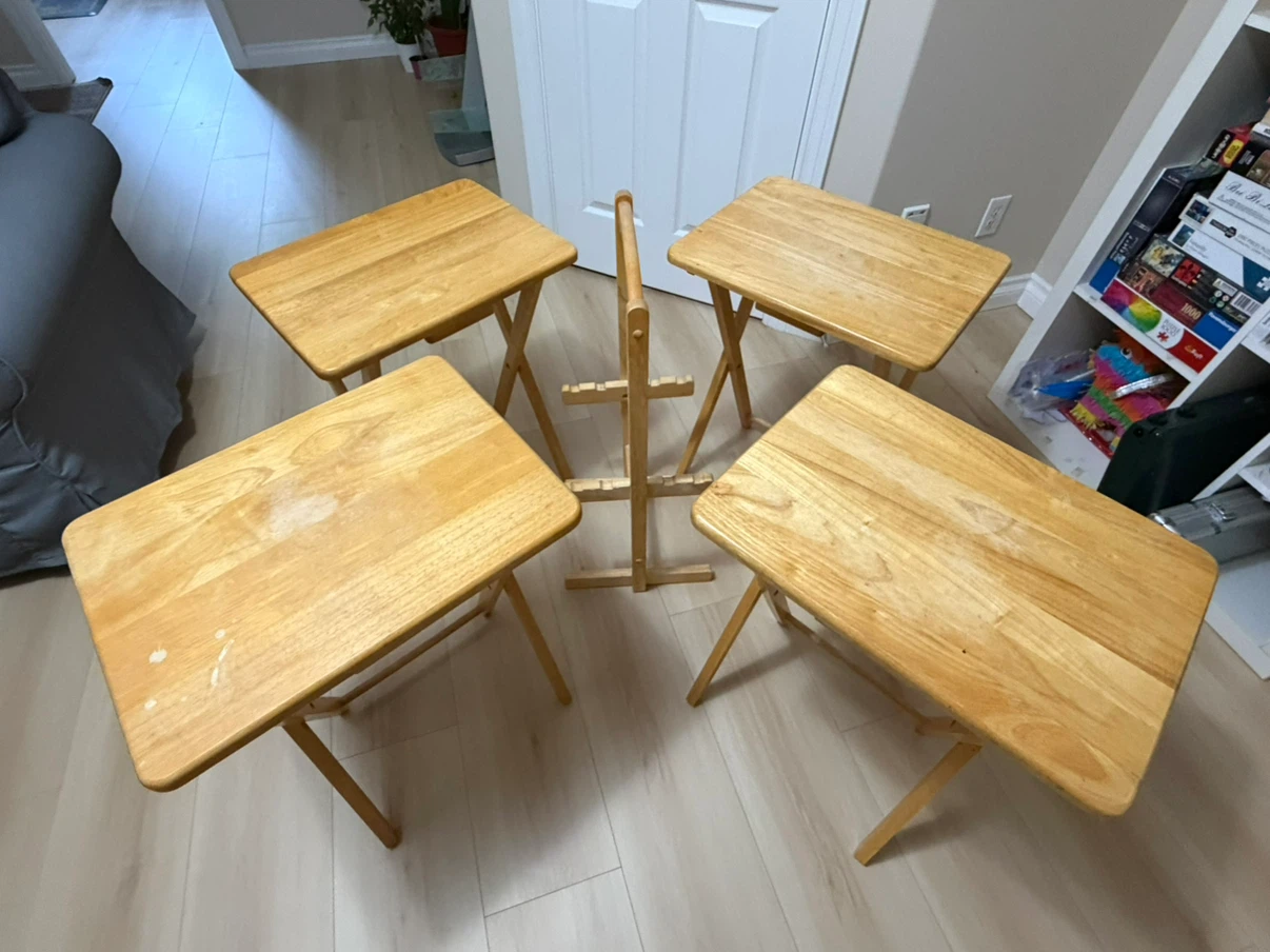 Set of 4 Wooden Folding TV Trays with Stand - photo 3