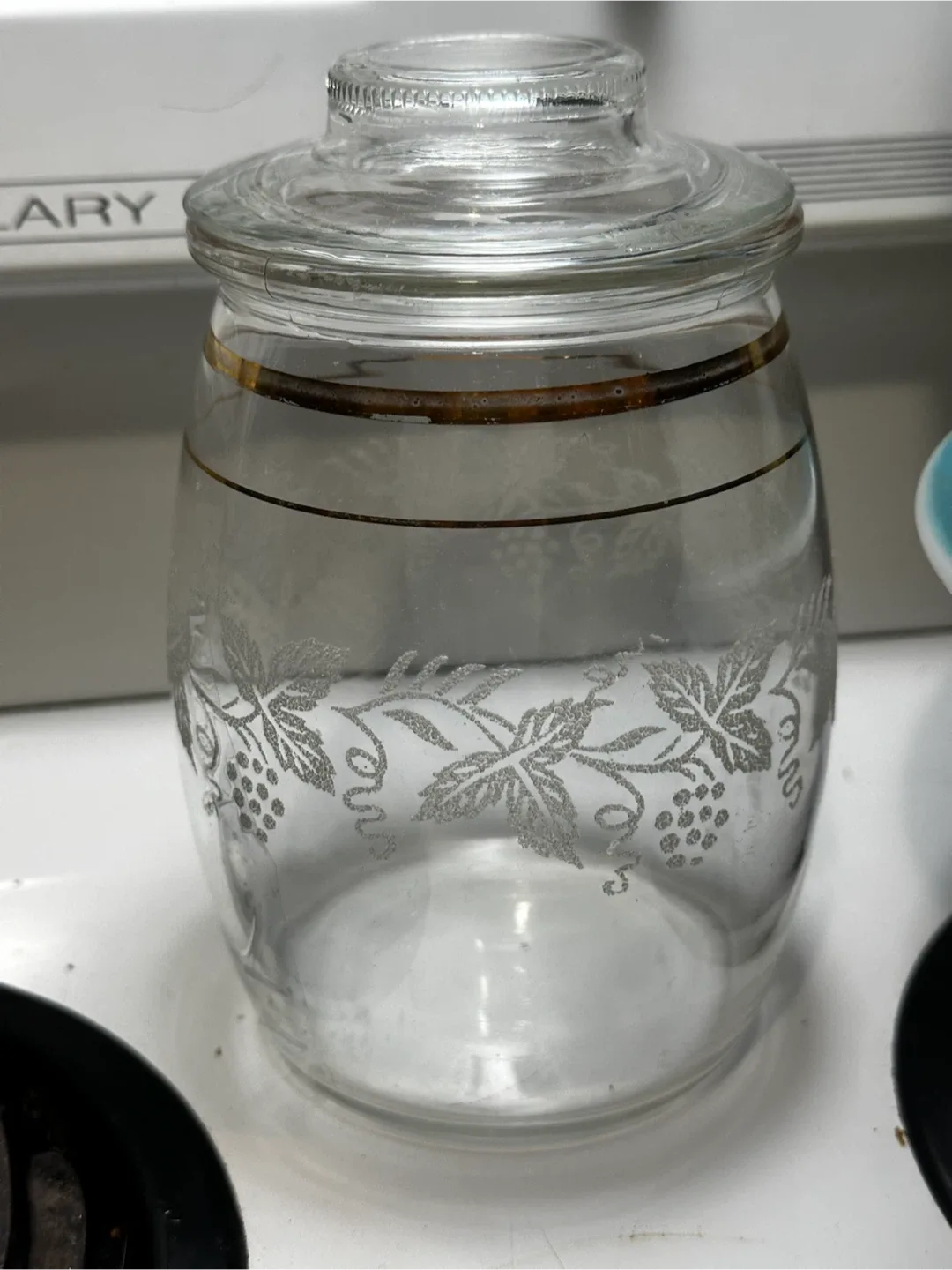 Vtg Bartlett Collins Etched Grapevine Glass Jar 6.25”