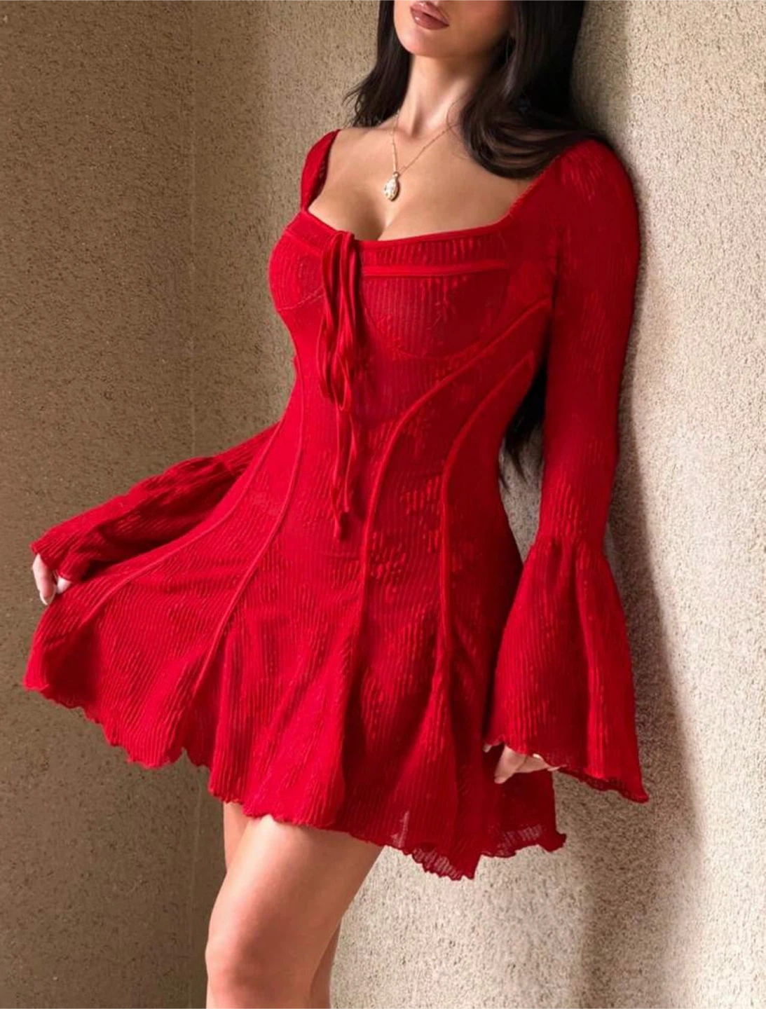 Red Long-Sleeve Mini Dress（small） - photo 2