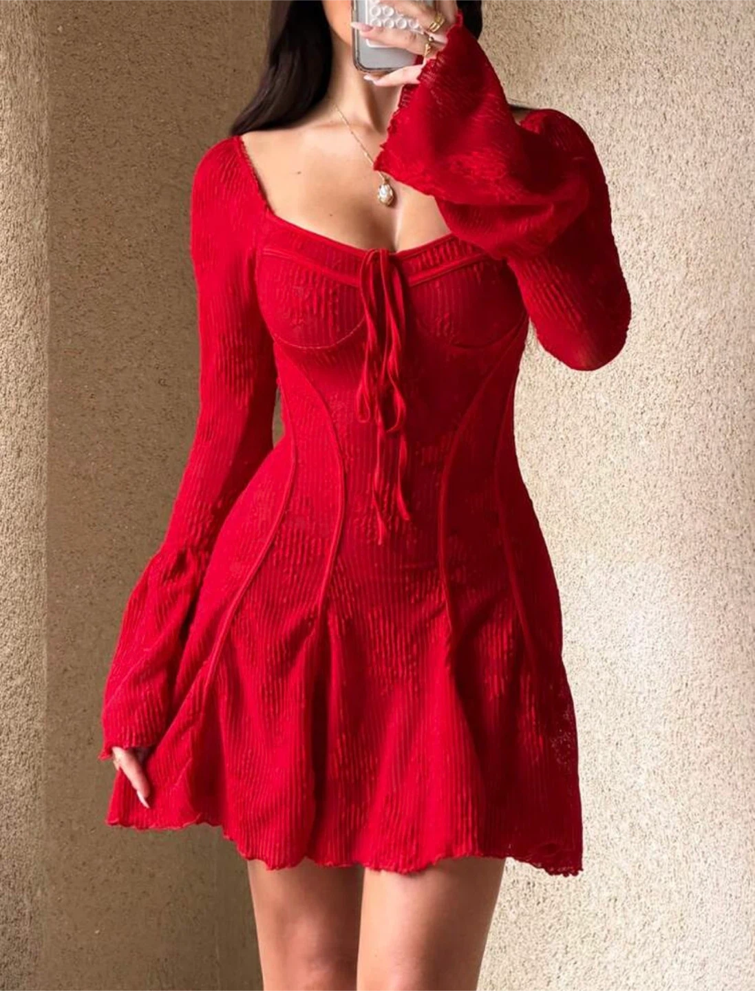 Red Long-Sleeve Mini Dress（small） - photo 3