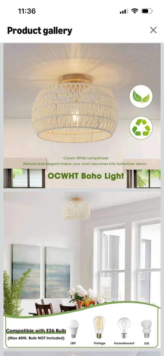 New-Boho Style Cream White Rattan Ceiling Light - photo 2