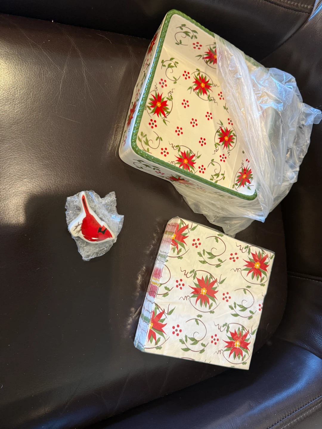 Poinsettia Serving Dish, Napkins and Cardinal Ornament