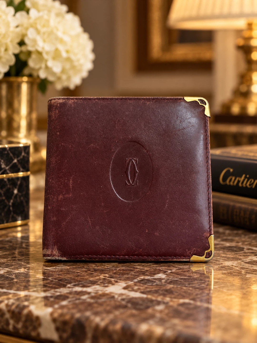 Must de Cartier Burgundy Leather Bifold Coin Wallet Authentic