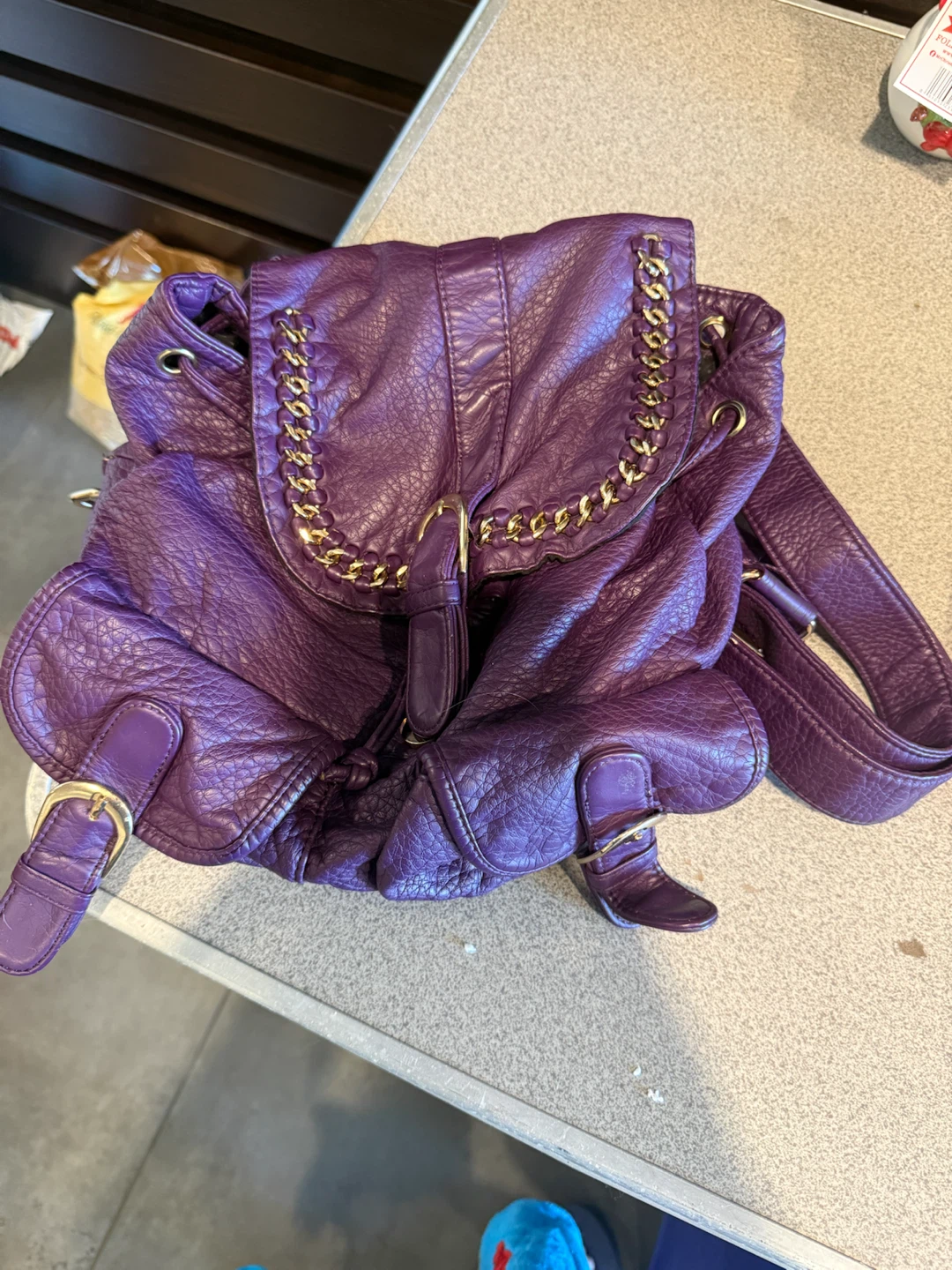Purple Faux Leather Backpack with Chain Detail