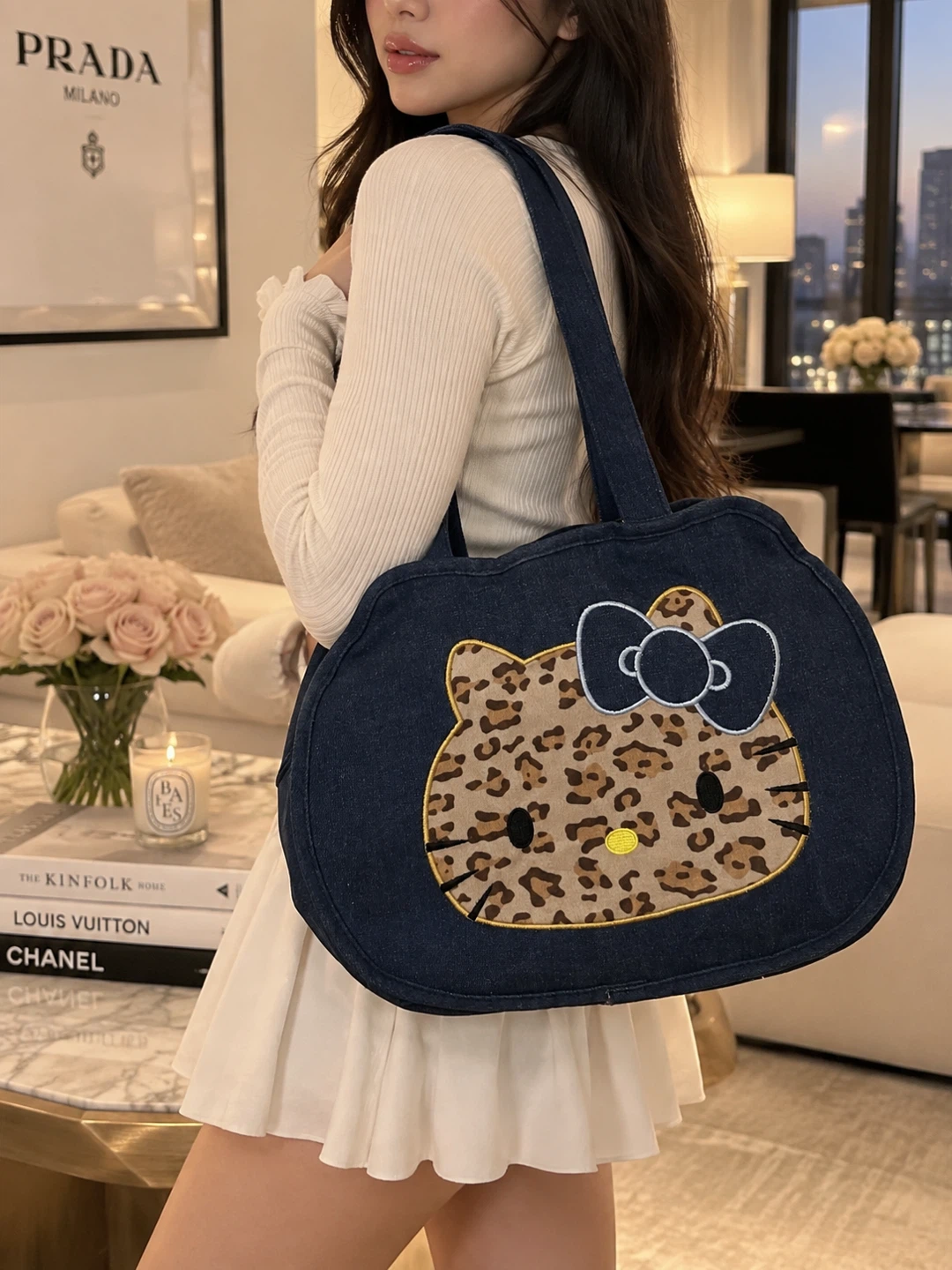 Hello Kitty Leopard Print Denim Tote Bag Y2K Navy Blue NWOT