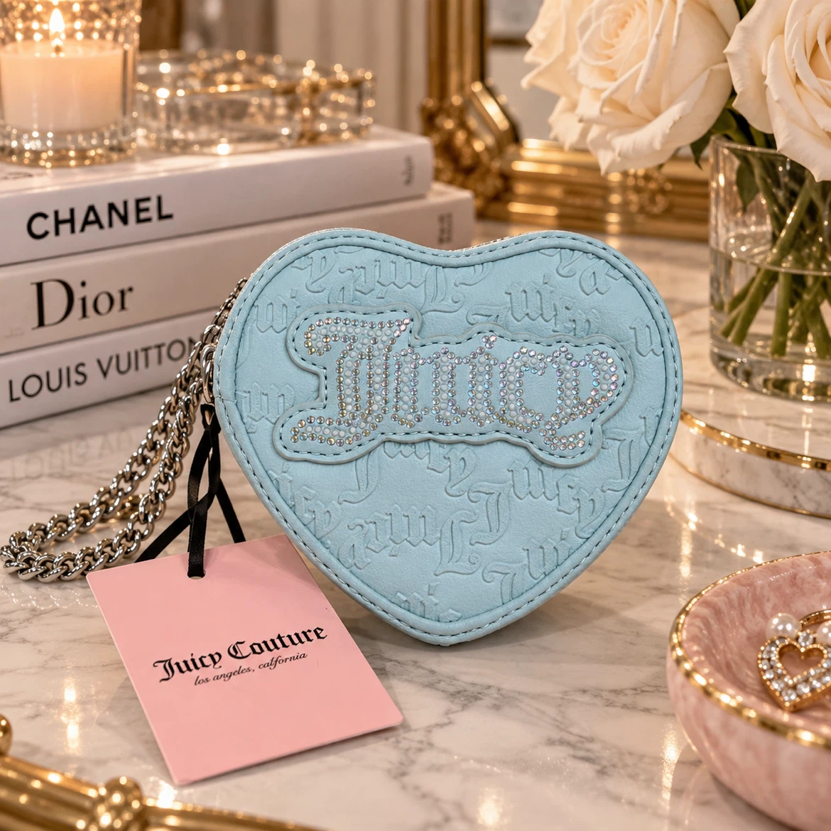 Juicy Couture Powder Blue Heart Rhinestone Mini Wristlet NWT
