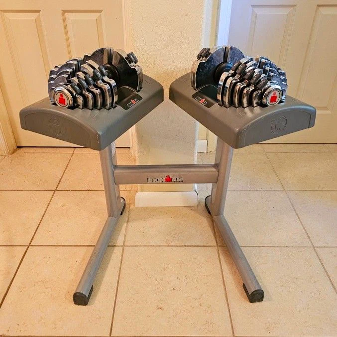 Chrome Ironman Adjustable Dumbbells (up to 55lbs) with Stand